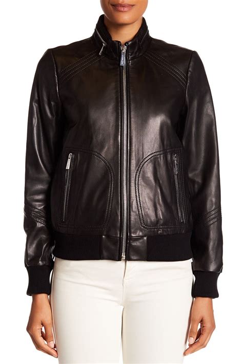 michael kors genuine leather bomber jacket|Michael Kors men's leather jacket.